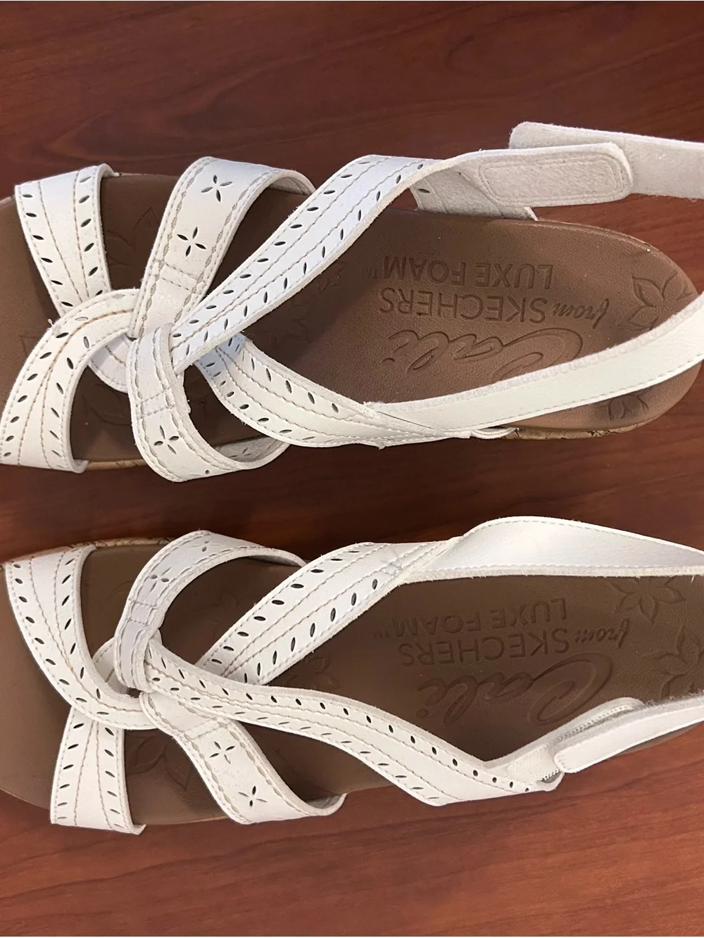 Skechers White Slingback Wedge Sandals with Cork-Look Heel